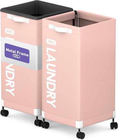 Next-Gen 105L Matel Frame Laundry Basket with wheels, Heavy Duty Tall Rolling Laundry Hamper with Removable Wash Bag, Collapsible Freestanding Clothes Hamper (100L,Beige,2Pack)
