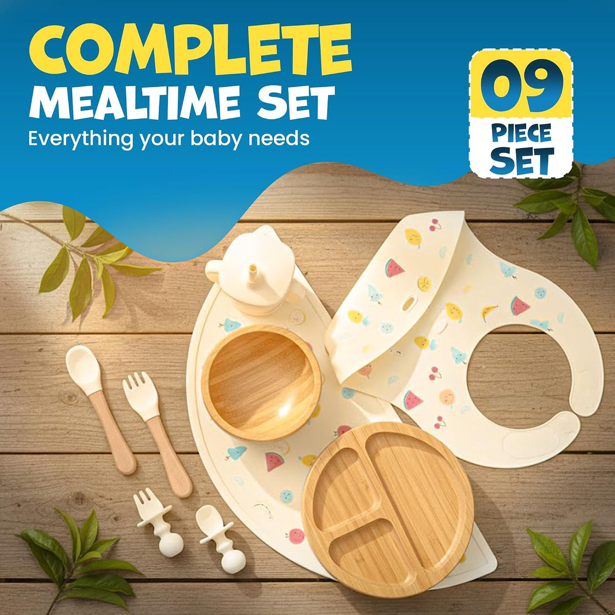 Bamboo & Silicone Baby Feeding Set 8 PCS | Baby Led Weaning Supplies Self Feeding | Divided Suction Plate Bowl Bib Sippy Cup with Straw Utensils Baby Bowls and Spoons Toddler Feeding Set (Vanilla)