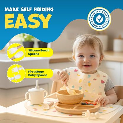 Bamboo & Silicone Baby Feeding Set 8 PCS | Baby Led Weaning Supplies Self Feeding | Divided Suction Plate Bowl Bib Sippy Cup with Straw Utensils Baby Bowls and Spoons Toddler Feeding Set (Vanilla)
