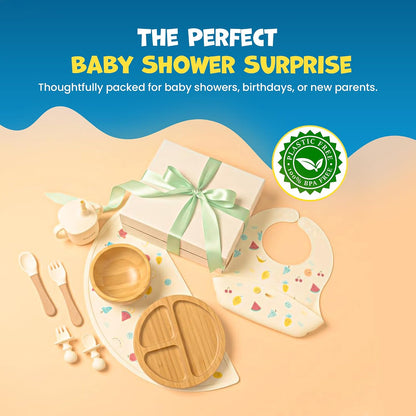 Bamboo & Silicone Baby Feeding Set 8 PCS | Baby Led Weaning Supplies Self Feeding | Divided Suction Plate Bowl Bib Sippy Cup with Straw Utensils Baby Bowls and Spoons Toddler Feeding Set (Vanilla)