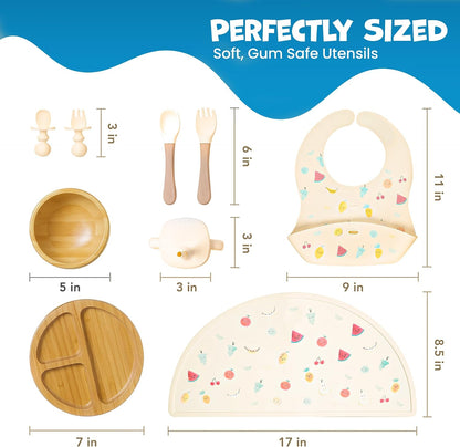 Bamboo & Silicone Baby Feeding Set 8 PCS | Baby Led Weaning Supplies Self Feeding | Divided Suction Plate Bowl Bib Sippy Cup with Straw Utensils Baby Bowls and Spoons Toddler Feeding Set (Vanilla)