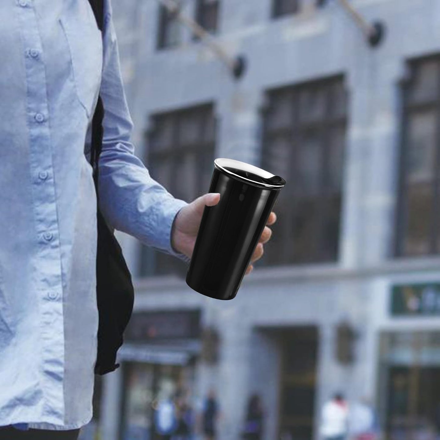 Ceramic Travel Mug, 12oz Unique To Go Coffee Mugs with Splash Resistant Lid and Color Box, Reusable Double Wall Black Mug Porcelain Coffee Cup, Gifts for Women Men Her Him, Black
