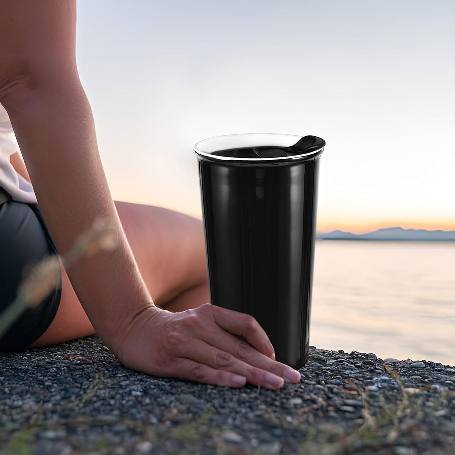 Ceramic Travel Mug, 12oz Unique To Go Coffee Mugs with Splash Resistant Lid and Color Box, Reusable Double Wall Black Mug Porcelain Coffee Cup, Gifts for Women Men Her Him, Black