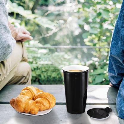 Ceramic Travel Mug, 12oz Unique To Go Coffee Mugs with Splash Resistant Lid and Color Box, Reusable Double Wall Black Mug Porcelain Coffee Cup, Gifts for Women Men Her Him, Black