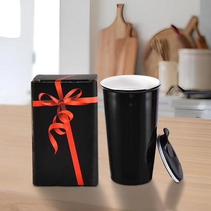 Ceramic Travel Mug, 12oz Unique To Go Coffee Mugs with Splash Resistant Lid and Color Box, Reusable Double Wall Black Mug Porcelain Coffee Cup, Gifts for Women Men Her Him, Black