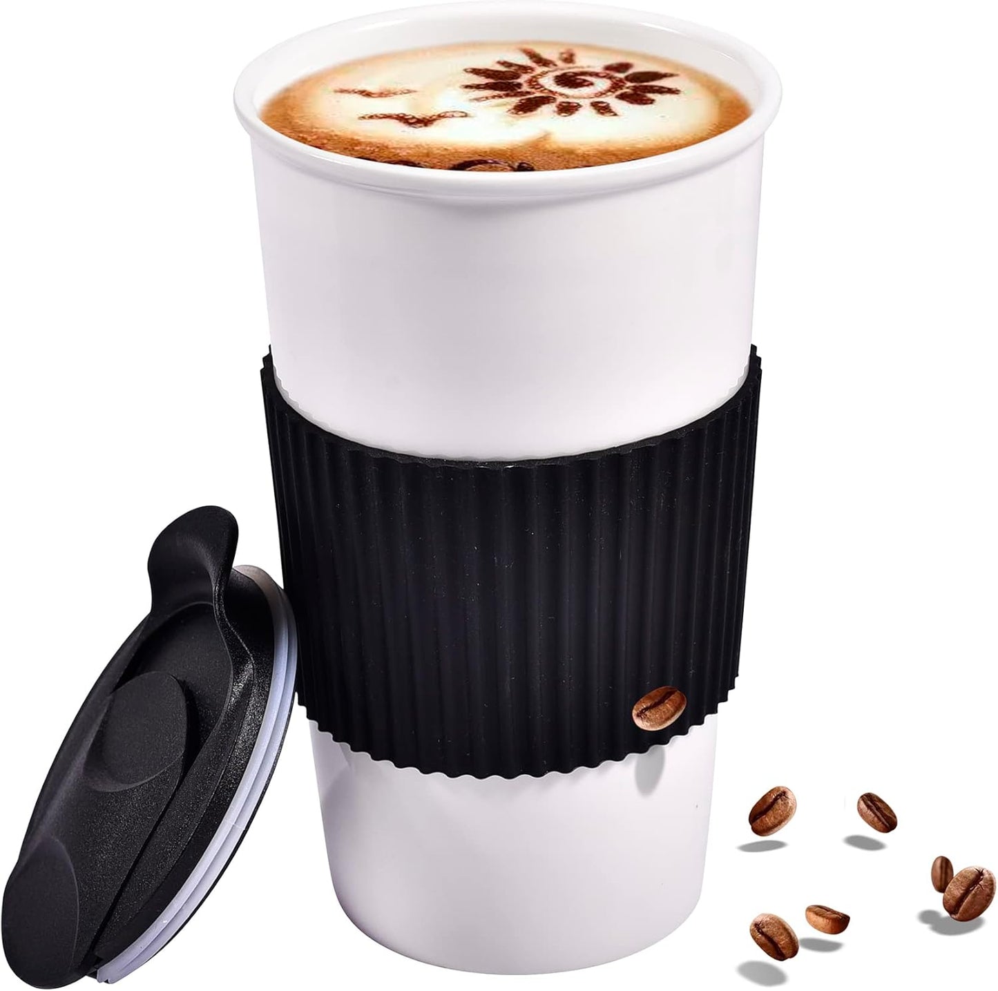 Ceramic Travel Mug, 12oz Unique To Go Coffee Mugs with Splash Resistant Lid and Color Box, Reusable Double Wall Black Mug Porcelain Coffee Cup, Gifts for Women Men Her Him, Black