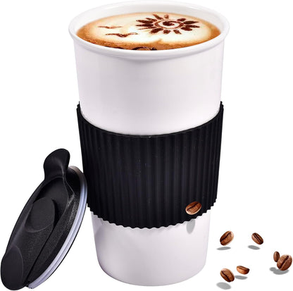 Ceramic Travel Mug, 12oz Unique To Go Coffee Mugs with Splash Resistant Lid and Color Box, Reusable Double Wall Black Mug Porcelain Coffee Cup, Gifts for Women Men Her Him, Black