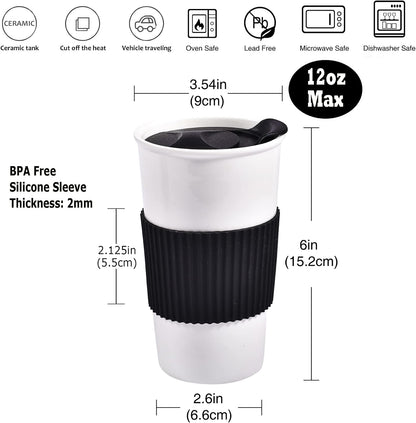 Ceramic Travel Mug, 12oz Unique To Go Coffee Mugs with Splash Resistant Lid and Color Box, Reusable Double Wall Black Mug Porcelain Coffee Cup, Gifts for Women Men Her Him, Black