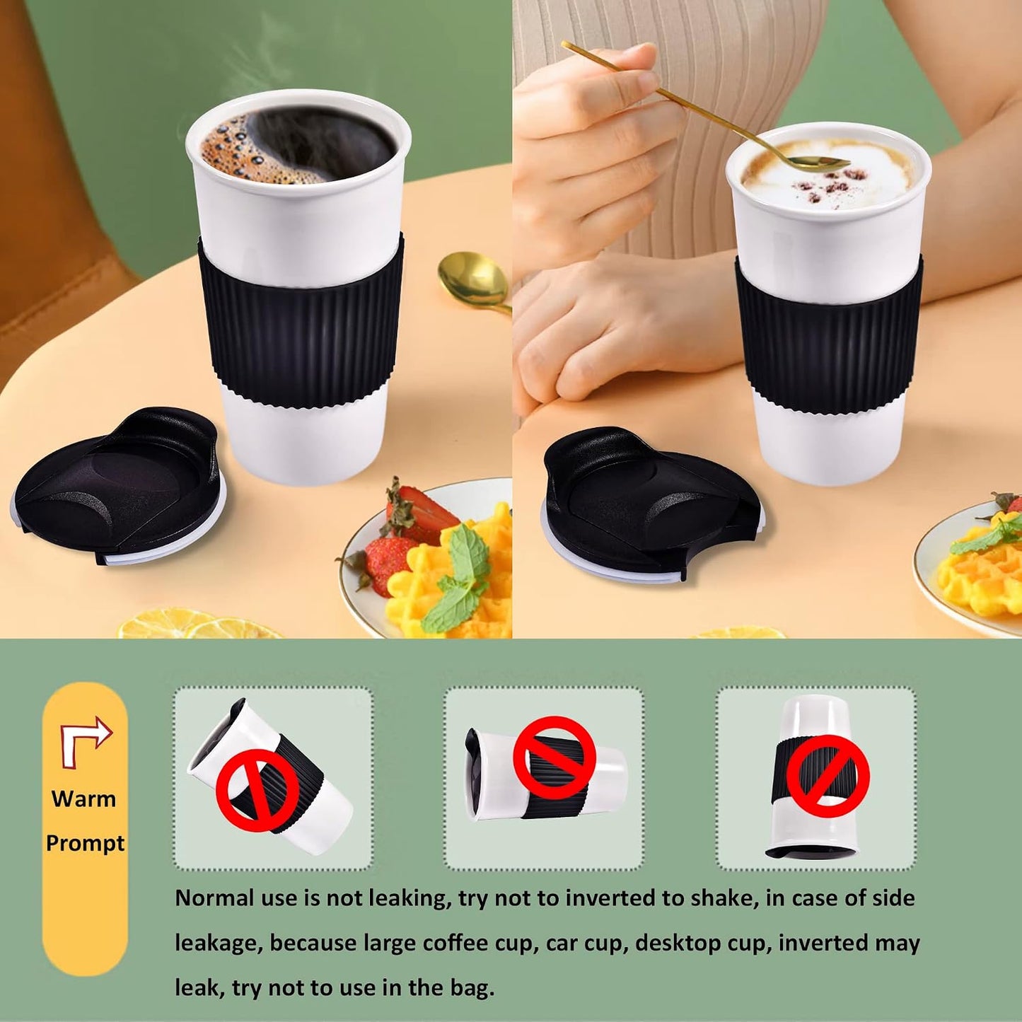 Ceramic Travel Mug, 12oz Unique To Go Coffee Mugs with Splash Resistant Lid and Color Box, Reusable Double Wall Black Mug Porcelain Coffee Cup, Gifts for Women Men Her Him, Black