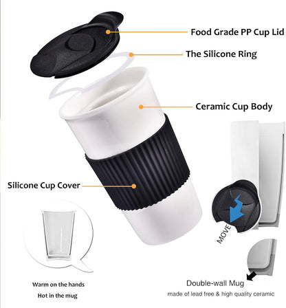 Ceramic Travel Mug, 12oz Unique To Go Coffee Mugs with Splash Resistant Lid and Color Box, Reusable Double Wall Black Mug Porcelain Coffee Cup, Gifts for Women Men Her Him, Black