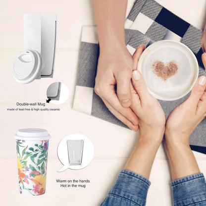 Ceramic Travel Mug, 12oz Unique To Go Coffee Mugs with Splash Resistant Lid and Color Box, Reusable Double Wall Black Mug Porcelain Coffee Cup, Gifts for Women Men Her Him, Black