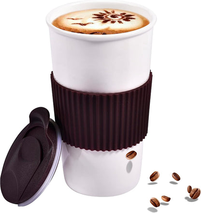 Ceramic Travel Mug, 12oz Unique To Go Coffee Mugs with Splash Resistant Lid and Color Box, Reusable Double Wall Black Mug Porcelain Coffee Cup, Gifts for Women Men Her Him, Black