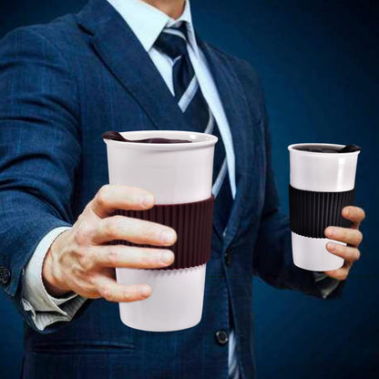 Ceramic Travel Mug, 12oz Unique To Go Coffee Mugs with Splash Resistant Lid and Color Box, Reusable Double Wall Black Mug Porcelain Coffee Cup, Gifts for Women Men Her Him, Black