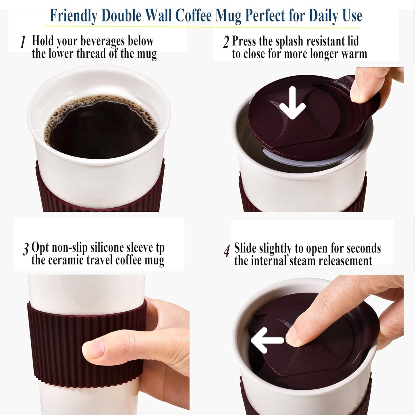 Ceramic Travel Mug, 12oz Unique To Go Coffee Mugs with Splash Resistant Lid and Color Box, Reusable Double Wall Black Mug Porcelain Coffee Cup, Gifts for Women Men Her Him, Black