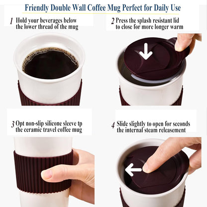 Ceramic Travel Mug, 12oz Unique To Go Coffee Mugs with Splash Resistant Lid and Color Box, Reusable Double Wall Black Mug Porcelain Coffee Cup, Gifts for Women Men Her Him, Black