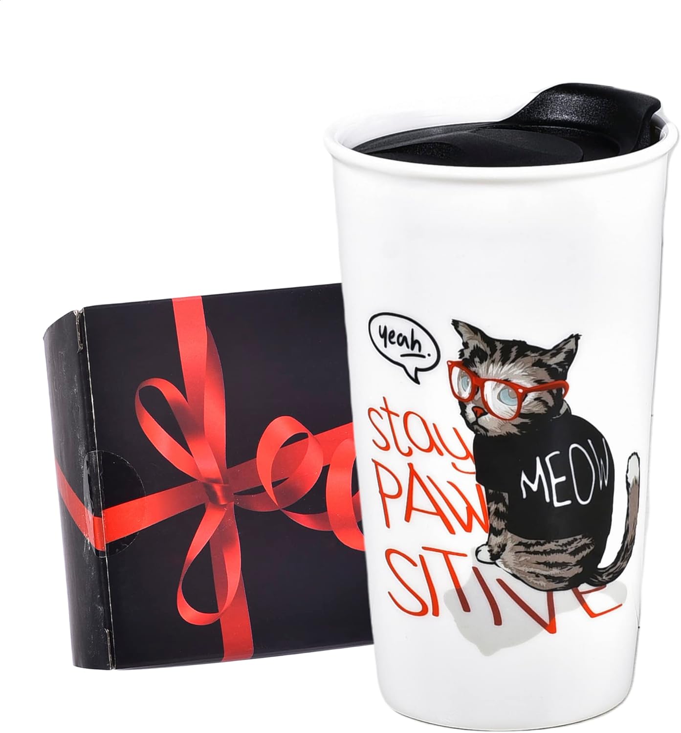Ceramic Travel Mug, 12oz Unique To Go Coffee Mugs with Splash Resistant Lid and Color Box, Reusable Double Wall Black Mug Porcelain Coffee Cup, Gifts for Women Men Her Him, Black