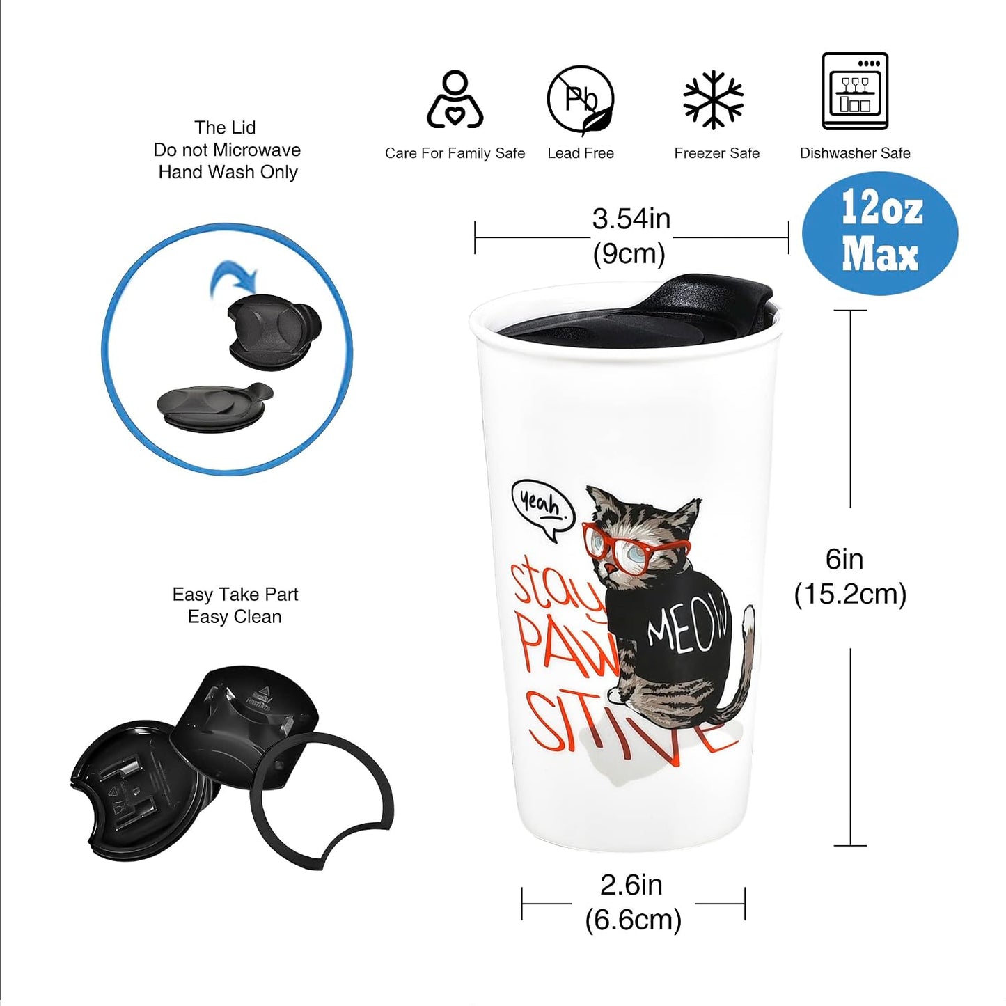 Ceramic Travel Mug, 12oz Unique To Go Coffee Mugs with Splash Resistant Lid and Color Box, Reusable Double Wall Black Mug Porcelain Coffee Cup, Gifts for Women Men Her Him, Black