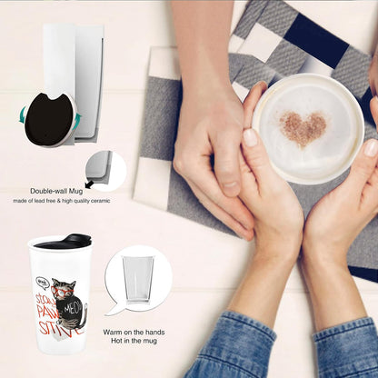 Ceramic Travel Mug, 12oz Unique To Go Coffee Mugs with Splash Resistant Lid and Color Box, Reusable Double Wall Black Mug Porcelain Coffee Cup, Gifts for Women Men Her Him, Black