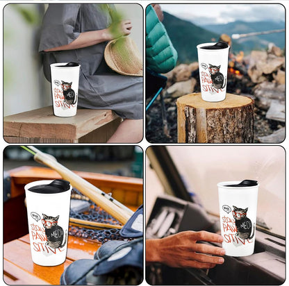 Ceramic Travel Mug, 12oz Unique To Go Coffee Mugs with Splash Resistant Lid and Color Box, Reusable Double Wall Black Mug Porcelain Coffee Cup, Gifts for Women Men Her Him, Black