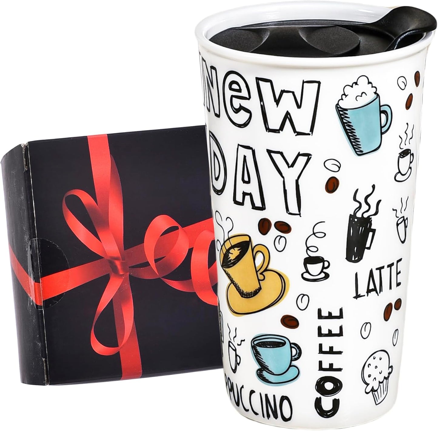 Ceramic Travel Mug, 12oz Unique To Go Coffee Mugs with Splash Resistant Lid and Color Box, Reusable Double Wall Black Mug Porcelain Coffee Cup, Gifts for Women Men Her Him, Black