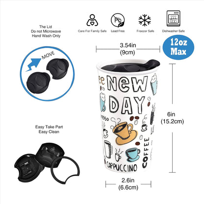 Ceramic Travel Mug, 12oz Unique To Go Coffee Mugs with Splash Resistant Lid and Color Box, Reusable Double Wall Black Mug Porcelain Coffee Cup, Gifts for Women Men Her Him, Black