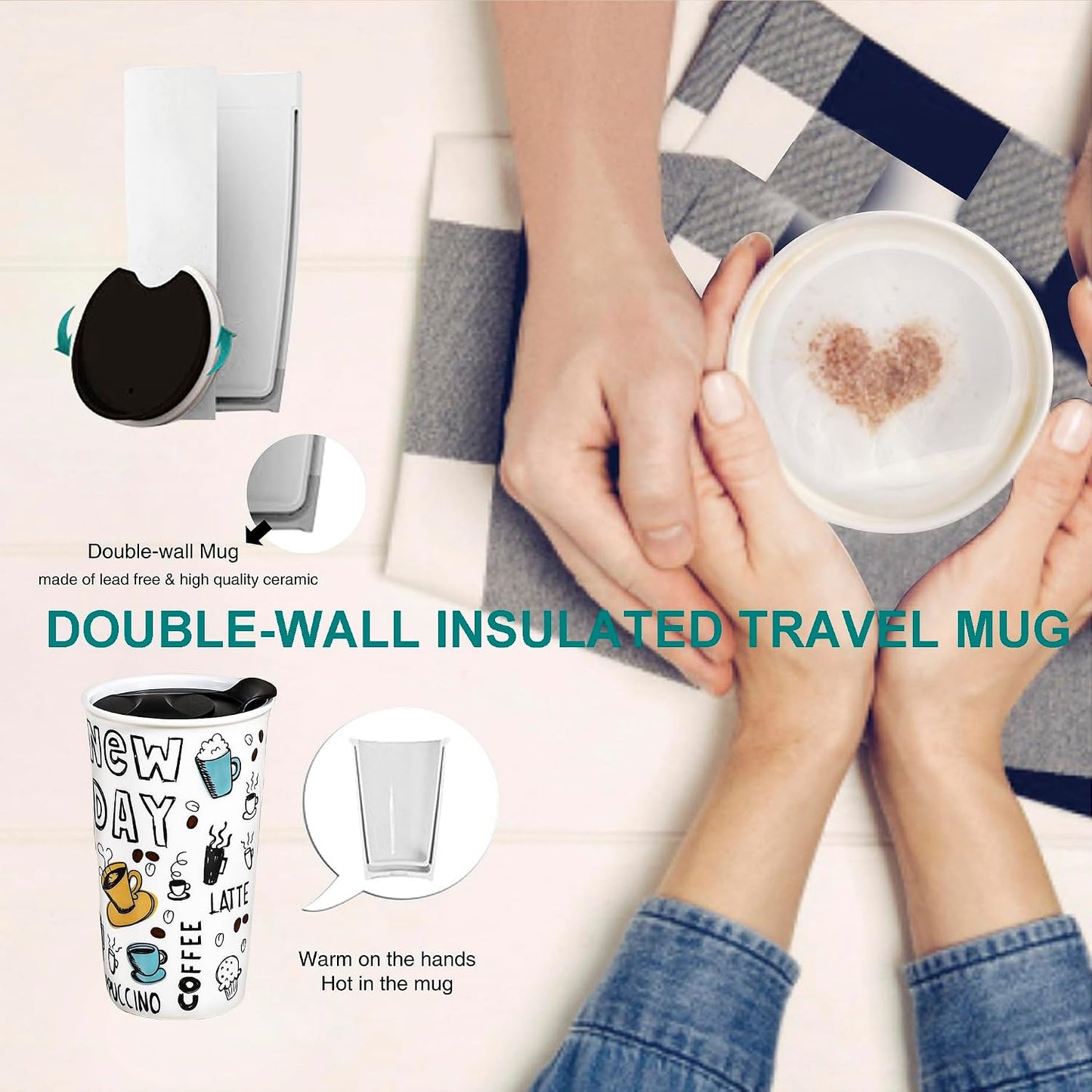 Ceramic Travel Mug, 12oz Unique To Go Coffee Mugs with Splash Resistant Lid and Color Box, Reusable Double Wall Black Mug Porcelain Coffee Cup, Gifts for Women Men Her Him, Black