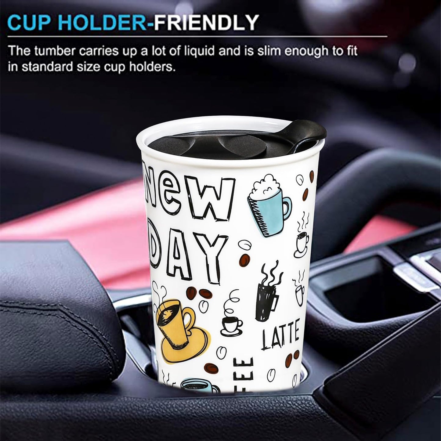 Ceramic Travel Mug, 12oz Unique To Go Coffee Mugs with Splash Resistant Lid and Color Box, Reusable Double Wall Black Mug Porcelain Coffee Cup, Gifts for Women Men Her Him, Black