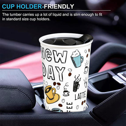 Ceramic Travel Mug, 12oz Unique To Go Coffee Mugs with Splash Resistant Lid and Color Box, Reusable Double Wall Black Mug Porcelain Coffee Cup, Gifts for Women Men Her Him, Black