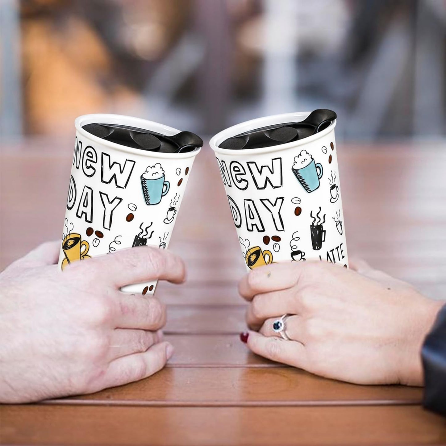 Ceramic Travel Mug, 12oz Unique To Go Coffee Mugs with Splash Resistant Lid and Color Box, Reusable Double Wall Black Mug Porcelain Coffee Cup, Gifts for Women Men Her Him, Black