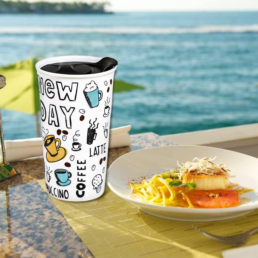 Ceramic Travel Mug, 12oz Unique To Go Coffee Mugs with Splash Resistant Lid and Color Box, Reusable Double Wall Black Mug Porcelain Coffee Cup, Gifts for Women Men Her Him, Black