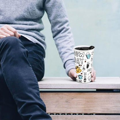 Ceramic Travel Mug, 12oz Unique To Go Coffee Mugs with Splash Resistant Lid and Color Box, Reusable Double Wall Black Mug Porcelain Coffee Cup, Gifts for Women Men Her Him, Black