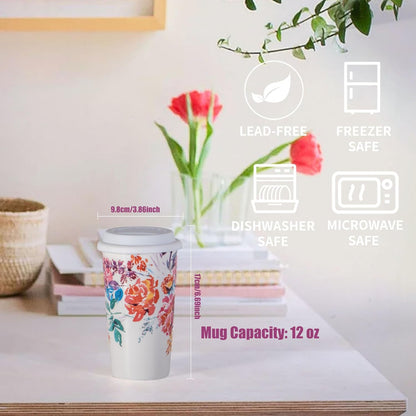 Ceramic Travel Mug, 12oz Unique To Go Coffee Mugs with Splash Resistant Lid and Color Box, Reusable Double Wall Black Mug Porcelain Coffee Cup, Gifts for Women Men Her Him, Black