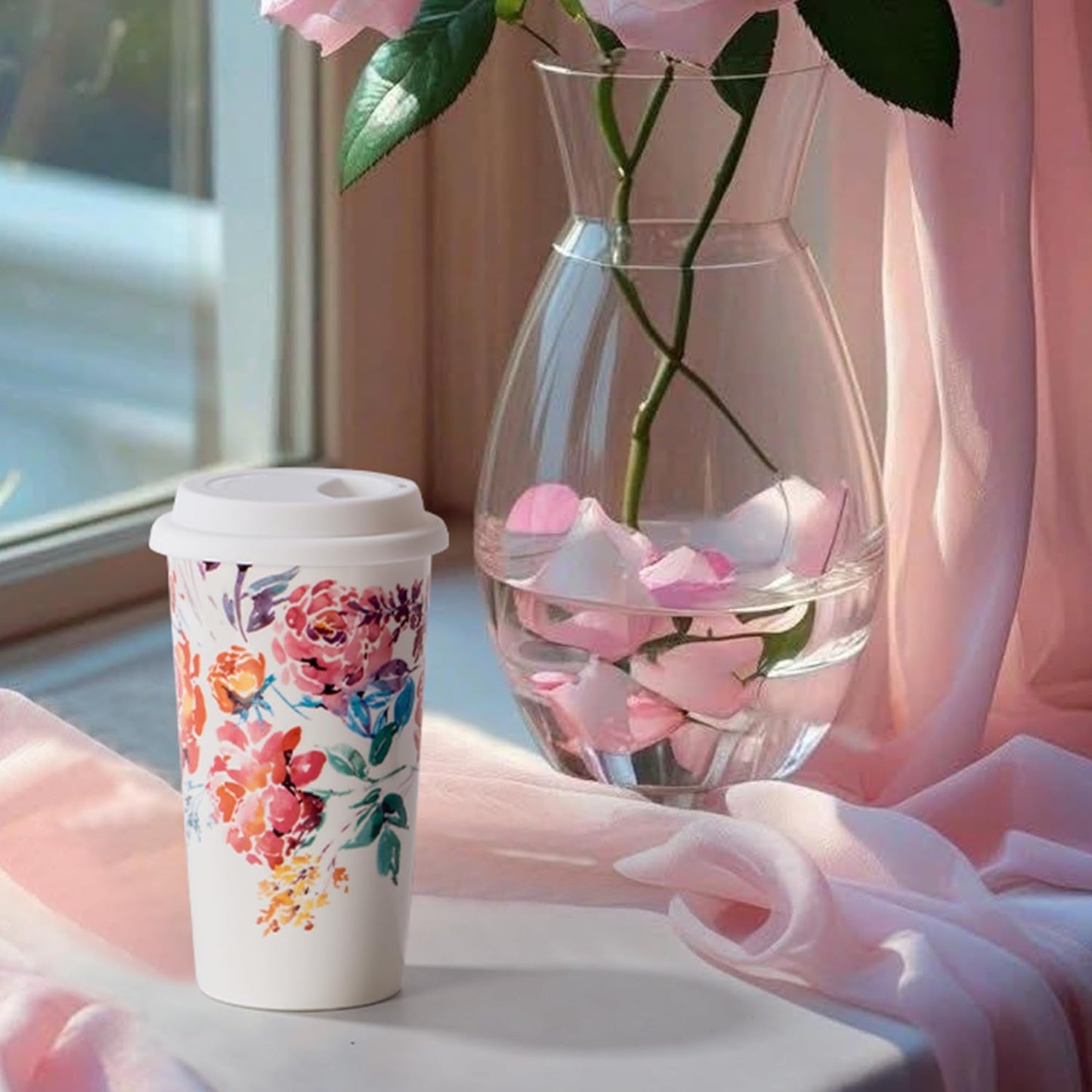 Ceramic Travel Mug, 12oz Unique To Go Coffee Mugs with Splash Resistant Lid and Color Box, Reusable Double Wall Black Mug Porcelain Coffee Cup, Gifts for Women Men Her Him, Black