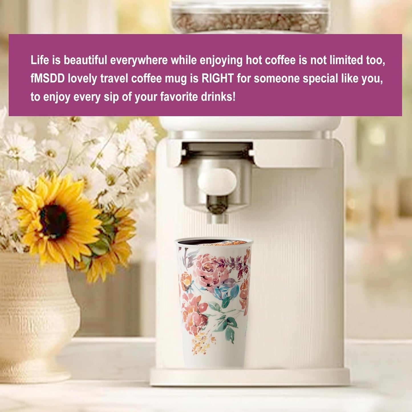 Ceramic Travel Mug, 12oz Unique To Go Coffee Mugs with Splash Resistant Lid and Color Box, Reusable Double Wall Black Mug Porcelain Coffee Cup, Gifts for Women Men Her Him, Black
