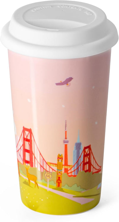 Ceramic Travel Mug, 12oz Unique To Go Coffee Mugs with Splash Resistant Lid and Color Box, Reusable Double Wall Black Mug Porcelain Coffee Cup, Gifts for Women Men Her Him, Black