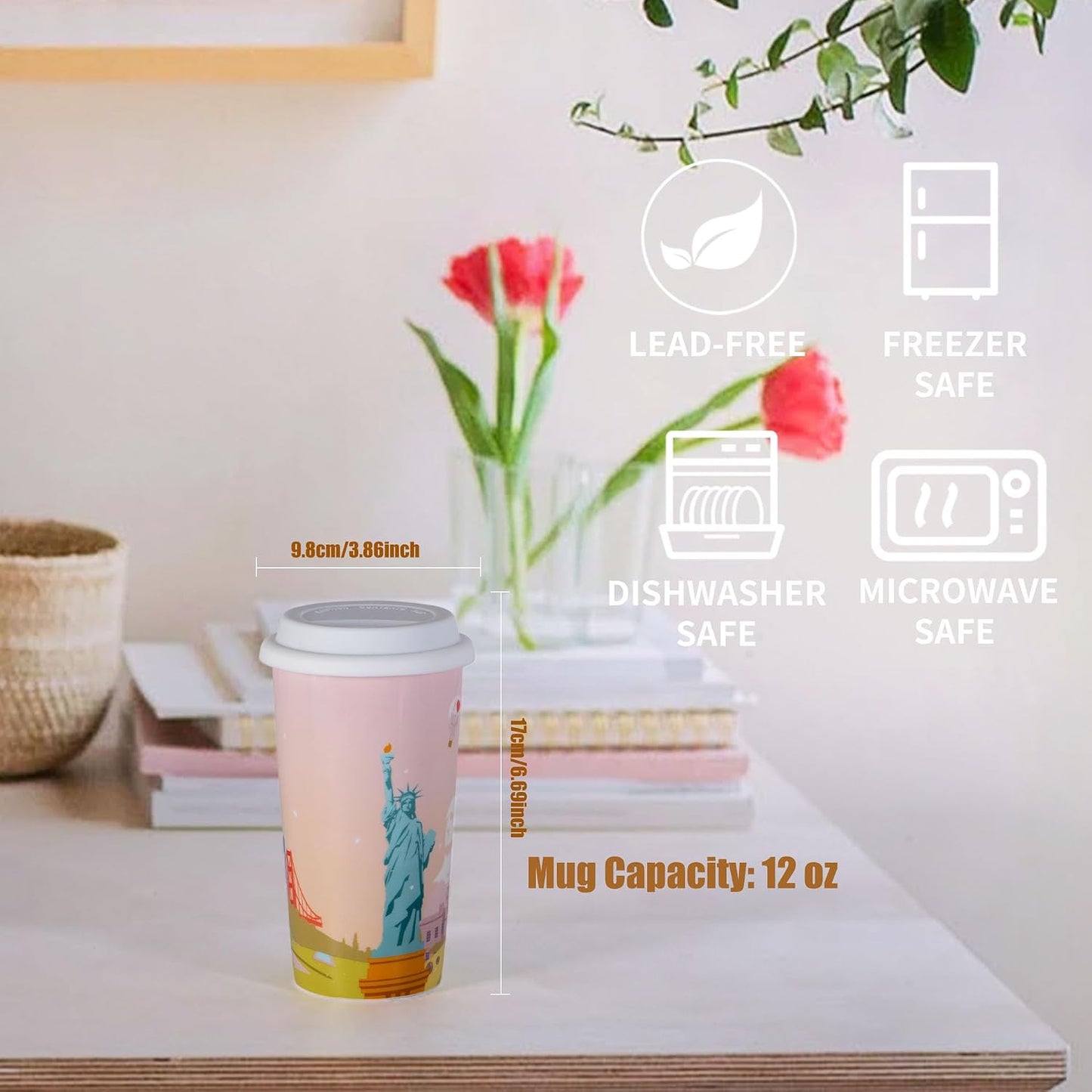 Ceramic Travel Mug, 12oz Unique To Go Coffee Mugs with Splash Resistant Lid and Color Box, Reusable Double Wall Black Mug Porcelain Coffee Cup, Gifts for Women Men Her Him, Black