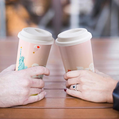 Ceramic Travel Mug, 12oz Unique To Go Coffee Mugs with Splash Resistant Lid and Color Box, Reusable Double Wall Black Mug Porcelain Coffee Cup, Gifts for Women Men Her Him, Black