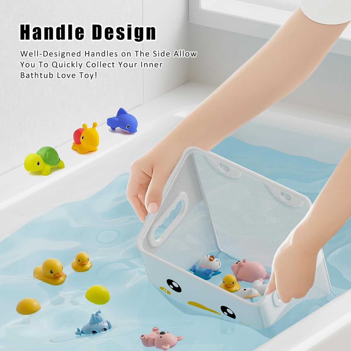Quick Fetch Way Bath Toy Storage, Cute Mesh Bath Toy Organizer, Large Capacity and Large Opening Baby Bathtub Toy Holder for Tub, Multipurpose Mesh Shower Bag (White)