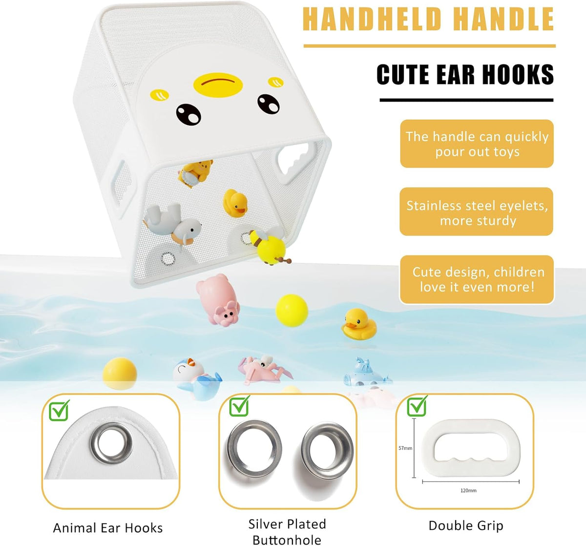Quick Fetch Way Bath Toy Storage, Cute Mesh Bath Toy Organizer, Large Capacity and Large Opening Baby Bathtub Toy Holder for Tub, Multipurpose Mesh Shower Bag (White)