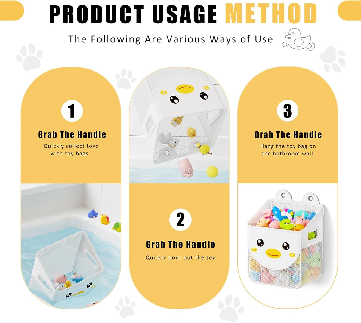 Quick Fetch Way Bath Toy Storage, Cute Mesh Bath Toy Organizer, Large Capacity and Large Opening Baby Bathtub Toy Holder for Tub, Multipurpose Mesh Shower Bag (White)
