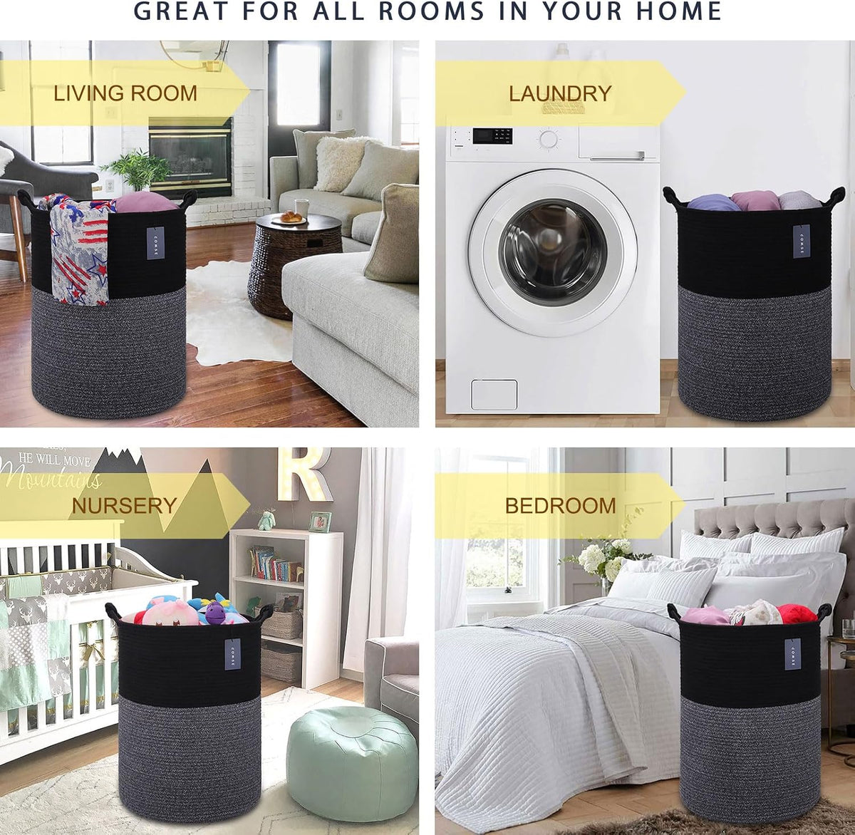 Tall Woven Blanket & Laundry Basket, 72L, Blend White & Navy Blue