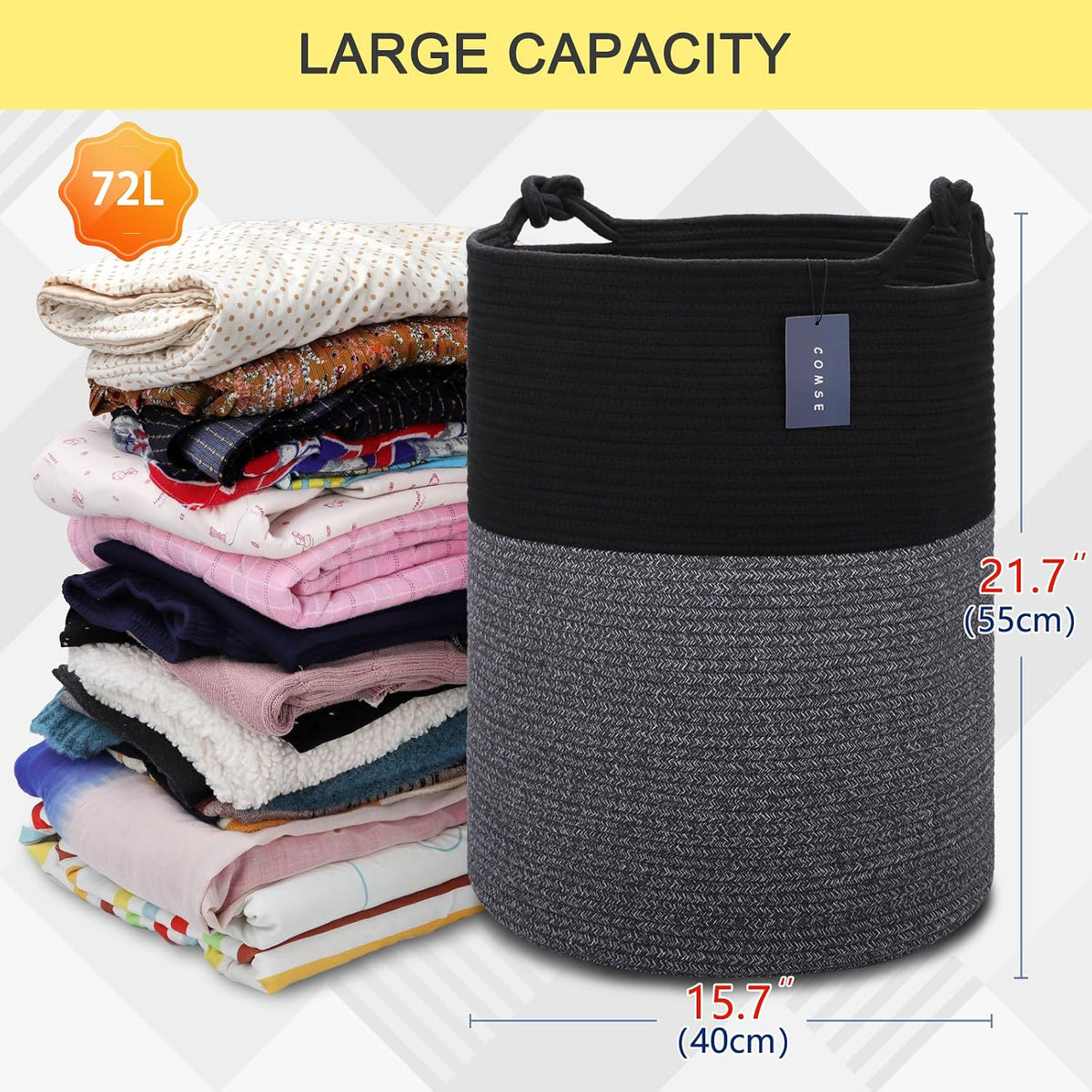 Tall Woven Blanket & Laundry Basket, 72L, Blend White & Navy Blue