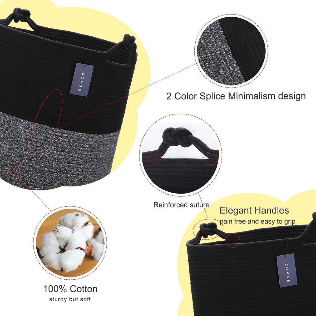 Tall Woven Blanket & Laundry Basket, 72L, Blend White & Navy Blue