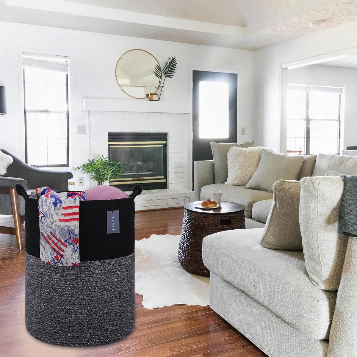 Tall Woven Blanket & Laundry Basket, 72L, Blend White & Navy Blue
