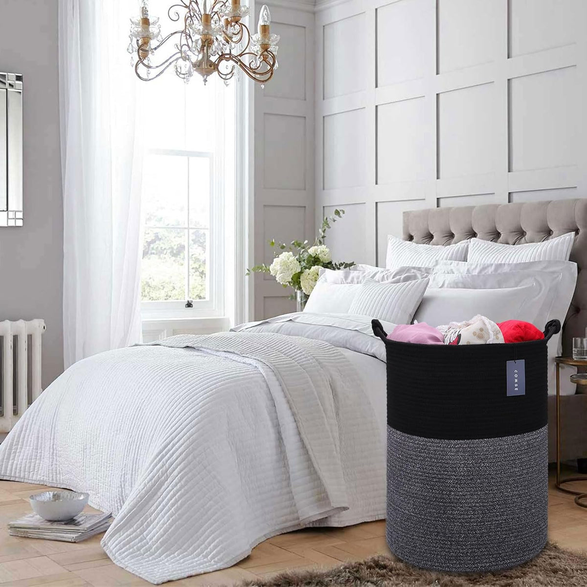 Tall Woven Blanket & Laundry Basket, 72L, Blend White & Navy Blue