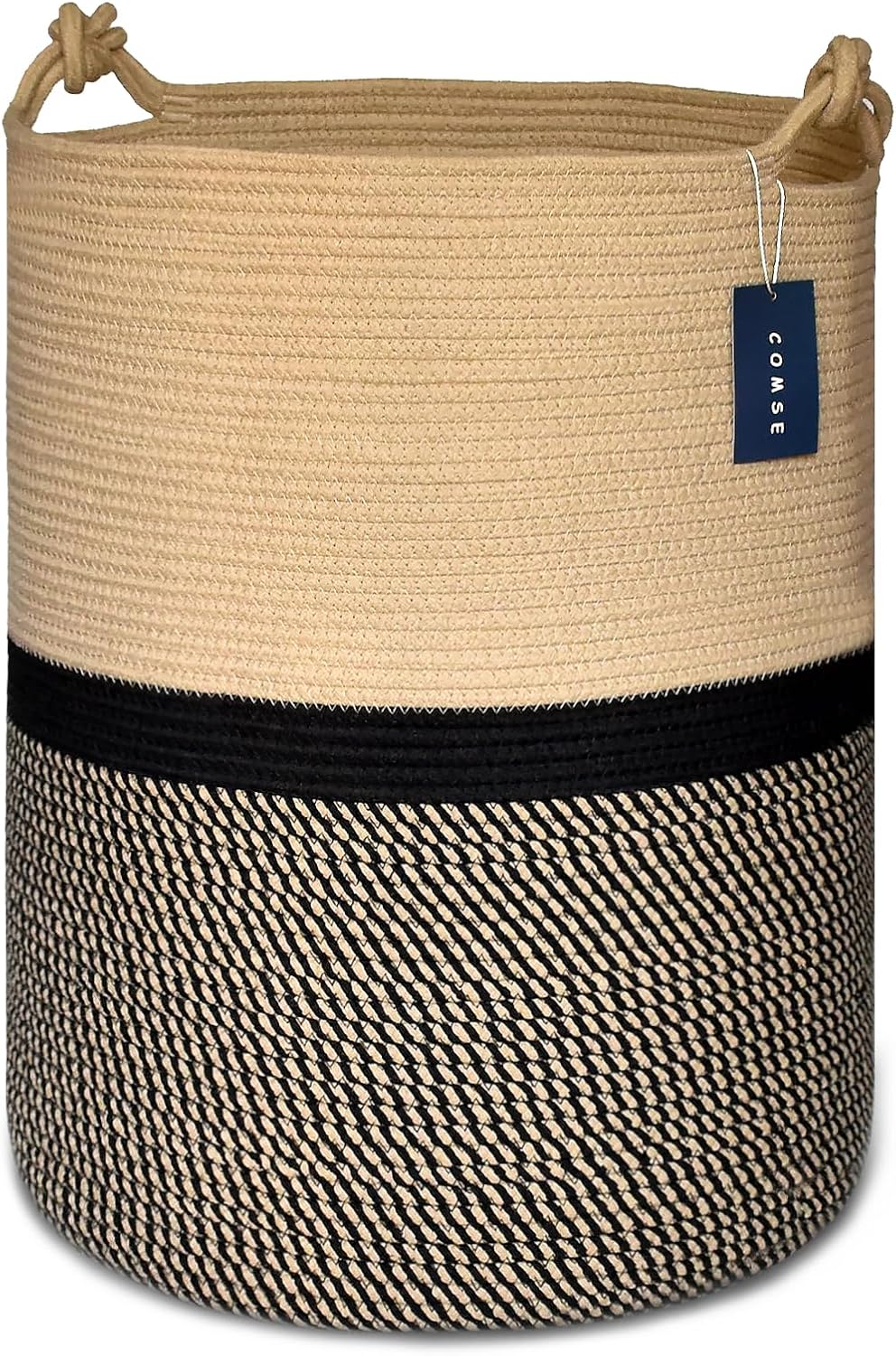 Tall Woven Blanket & Laundry Basket, 72L, Blend White & Navy Blue
