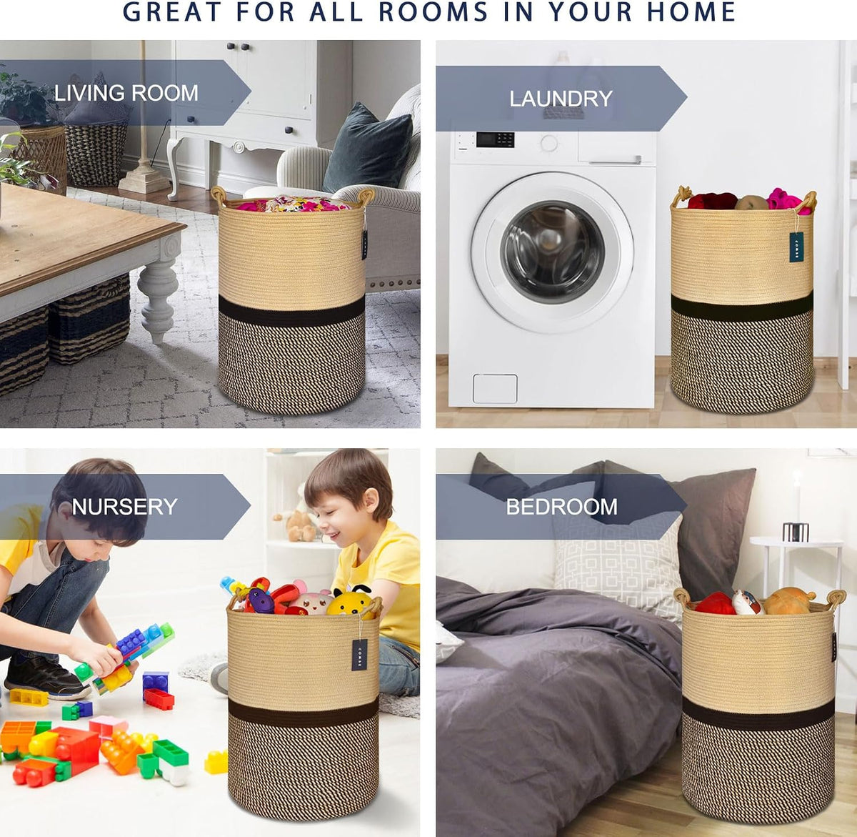 Tall Woven Blanket & Laundry Basket, 72L, Blend White & Navy Blue