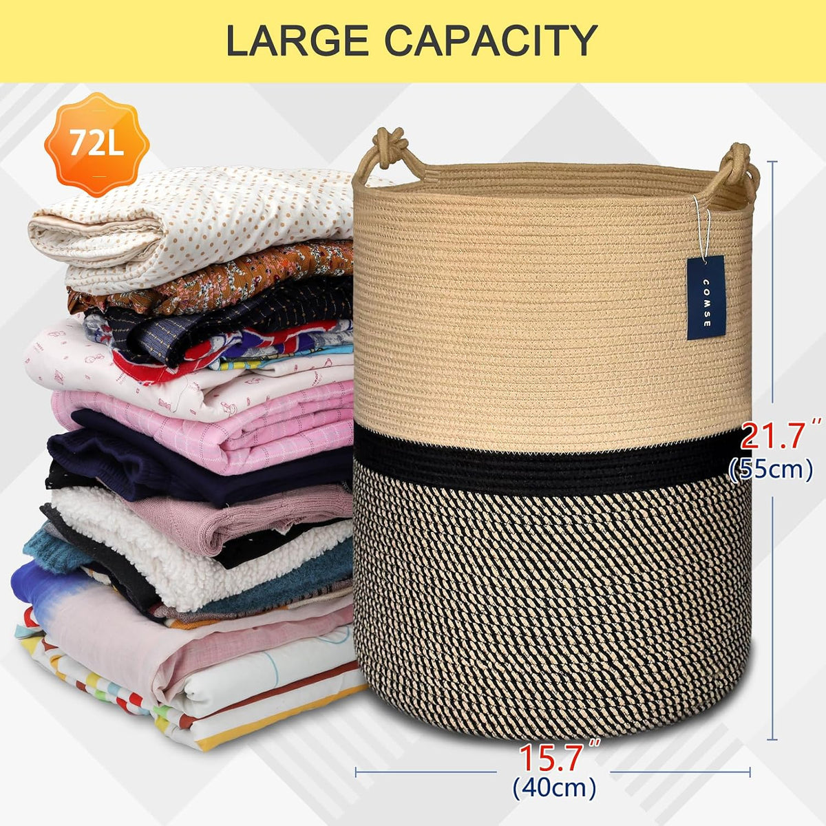 Tall Woven Blanket & Laundry Basket, 72L, Blend White & Navy Blue