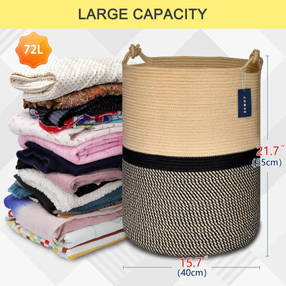 Tall Woven Blanket & Laundry Basket, 72L, Blend White & Navy Blue