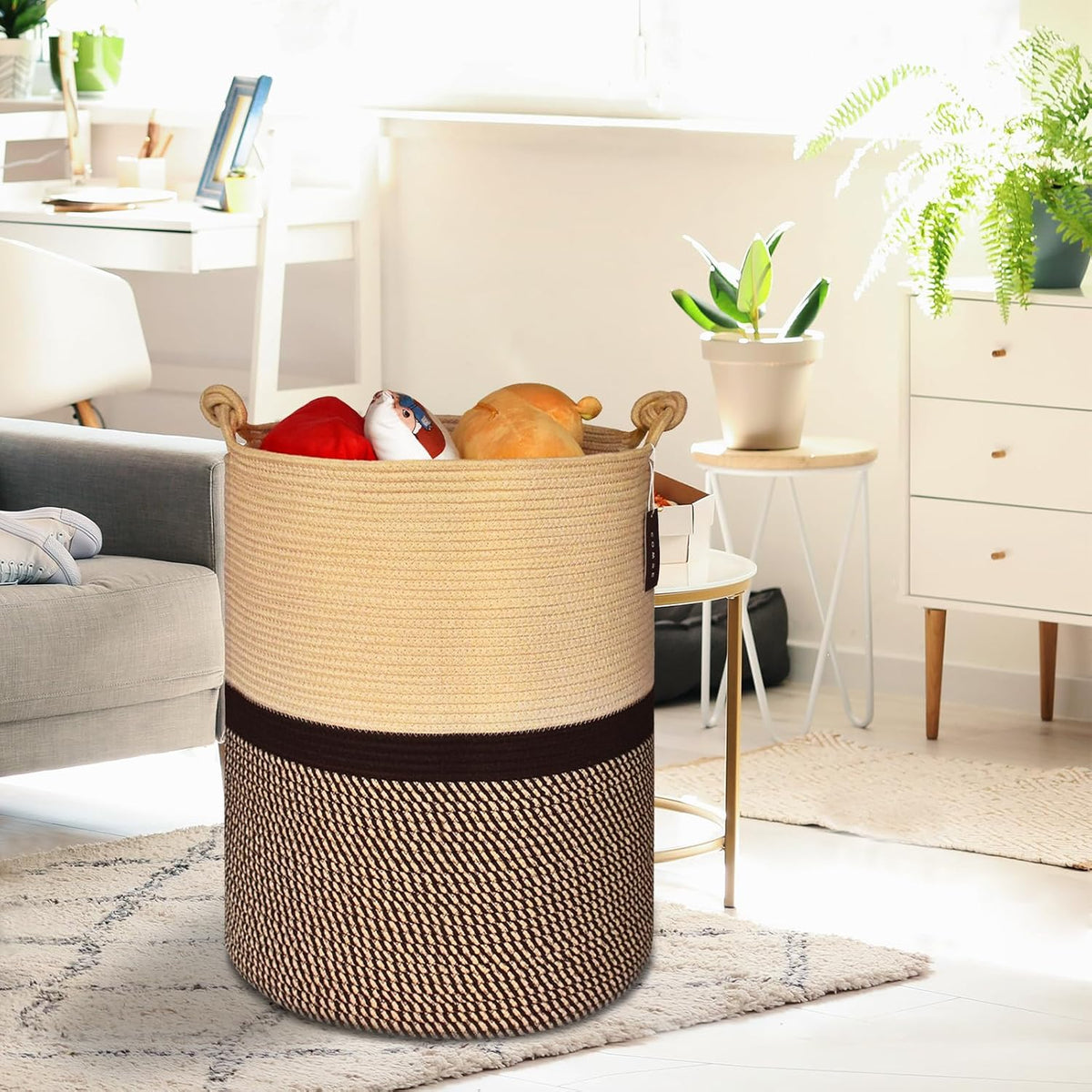 Tall Woven Blanket & Laundry Basket, 72L, Blend White & Navy Blue